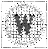 Decorative framed letter W with a design of circular lines and patterns.
